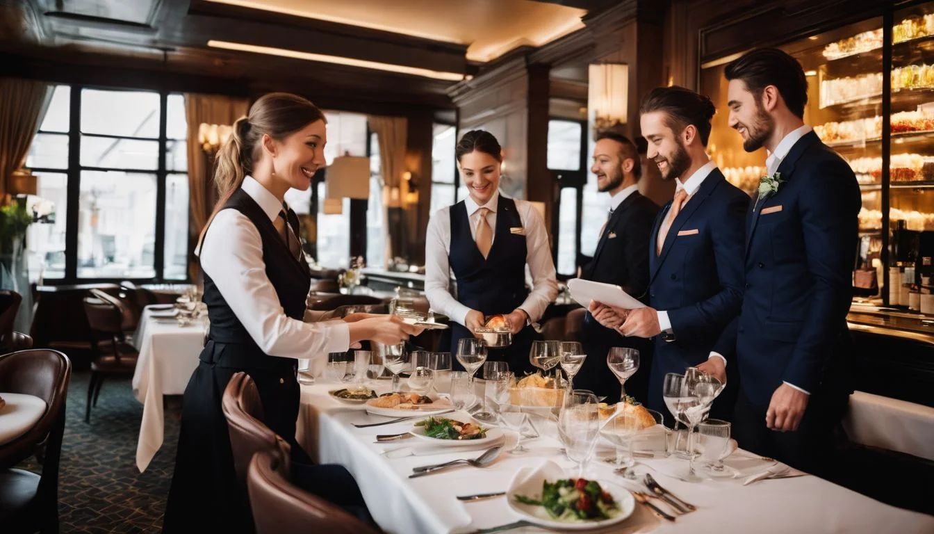 Upscale restaurant with diverse staff serving guests captures bustling atmosphere. Upscale restaurant with diverse staff serving guests captures bustling atmosphere.