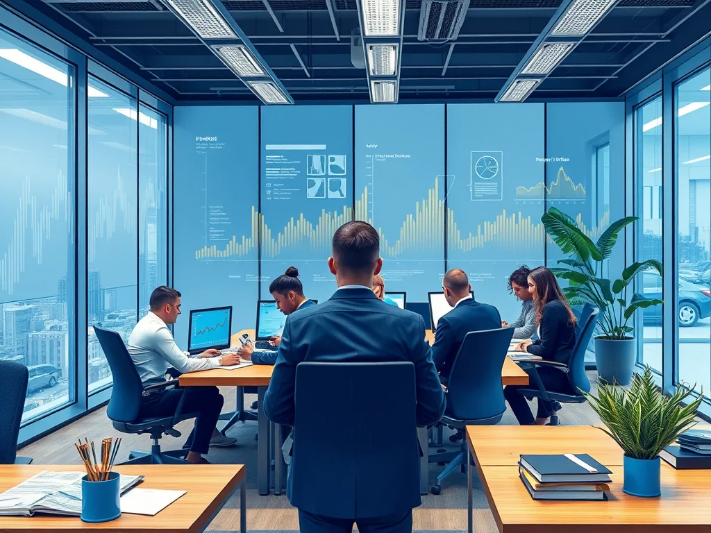 A modern and professional image representing financial data analysis and bookkeeping in a London office setting, with a focus on diversity and collaboration. Stylized, with blue and gold accents.