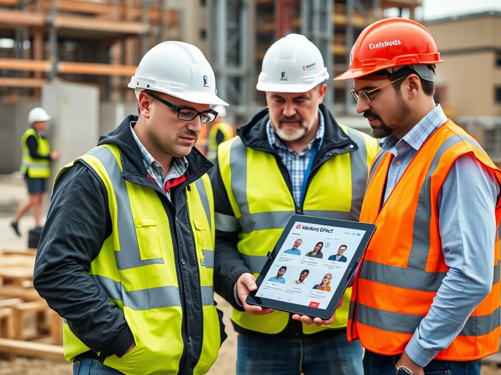 Workers Direct team member at a construction site in Oxford, consulting with a site manager while reviewing profiles of CSCS-certified labourers on a tablet, with construction workers visible in the background