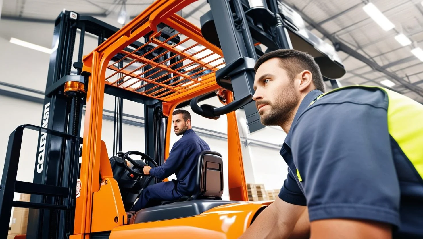 A forklift operator in a high-visibility jacket, conducting a pre-shift safety check on their vehicle.