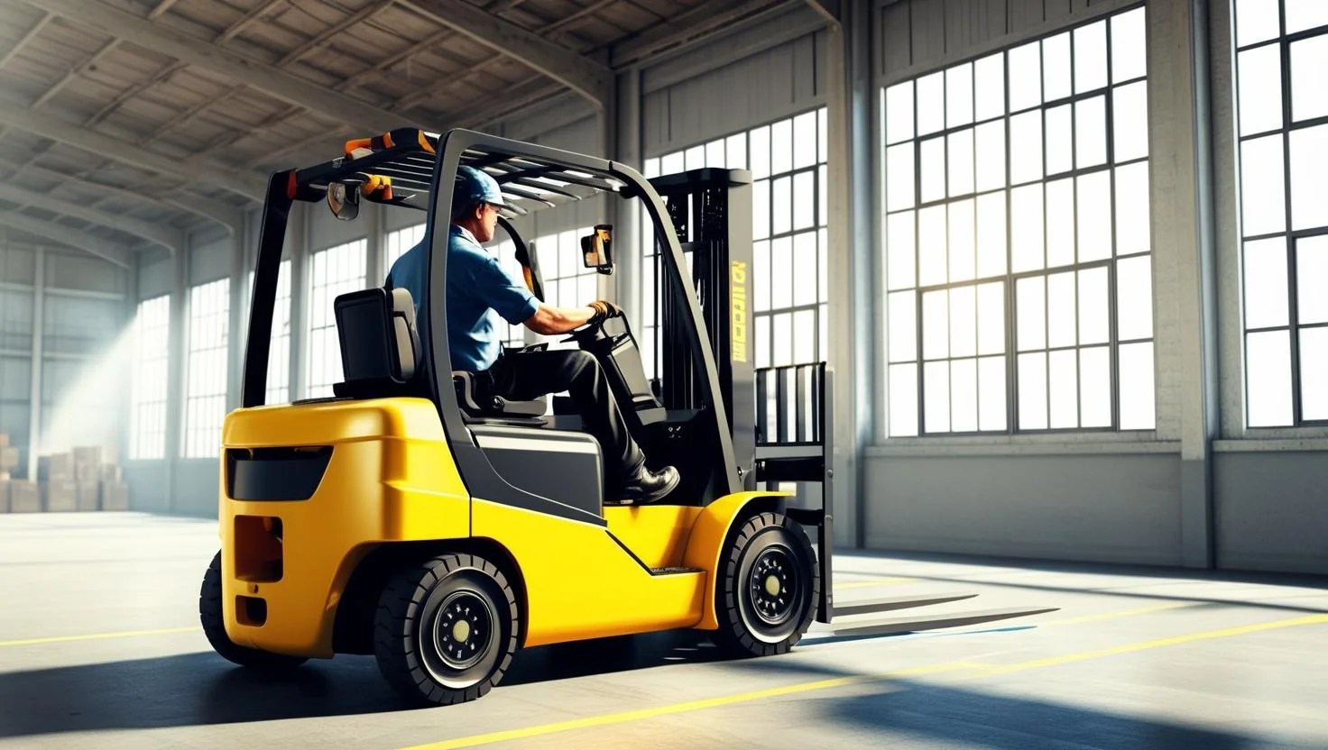 A team of forklift operators working in a large, modern warehouse, highlighting the collaborative nature of the job.