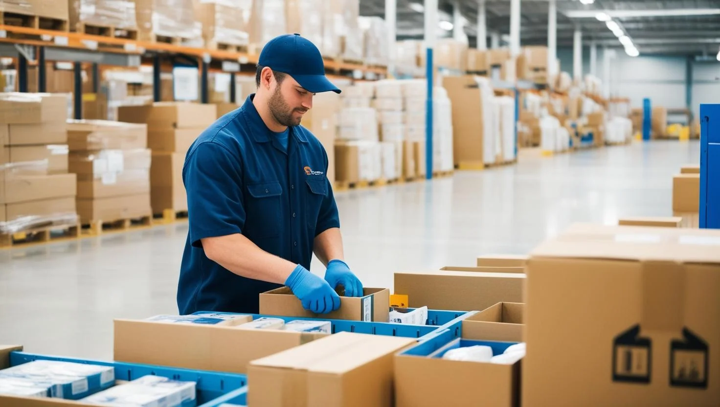 A female warehouse operative smiling while using a handheld scanner to track inventory in a large, organized warehouse.