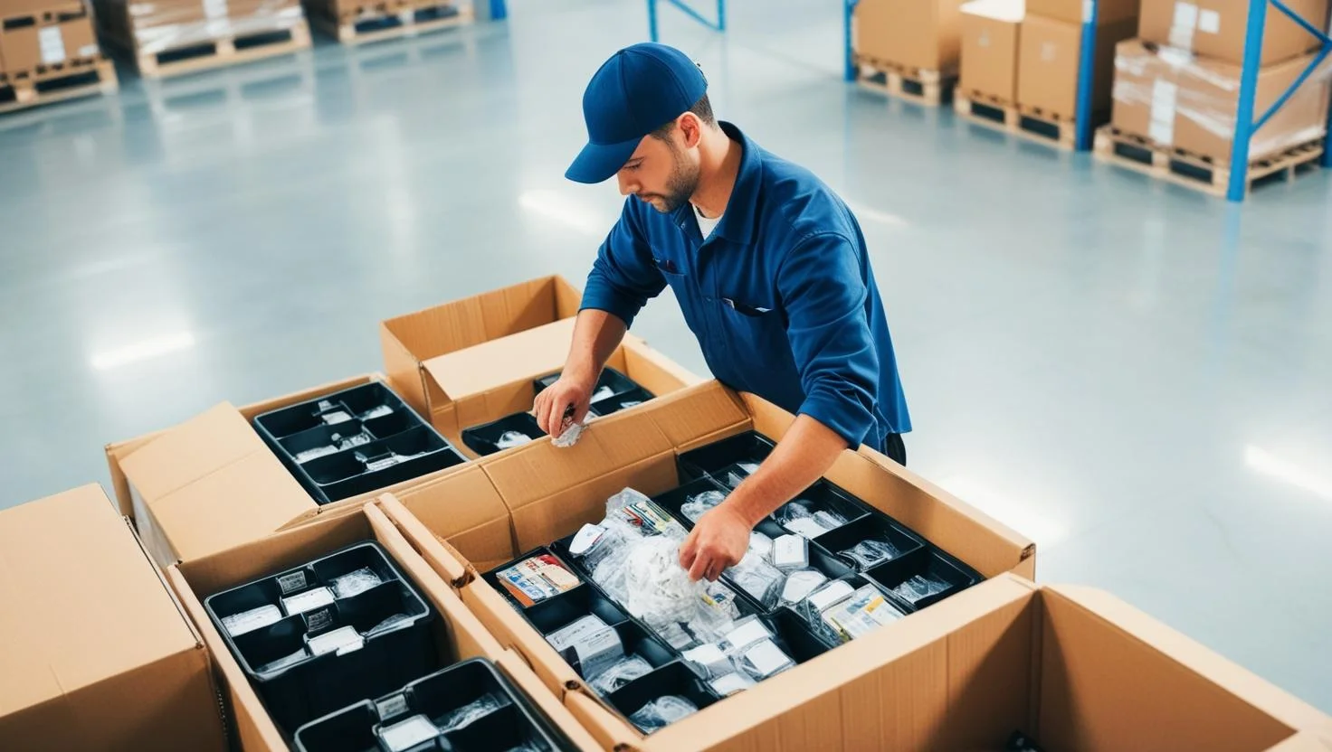 A focused picker and packer carefully placing items into a shipping box in a well-lit warehouse.