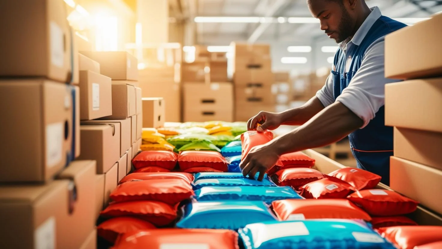 A diverse team of warehouse workers, including pickers and packers, collaborating in a modern logistics facility.