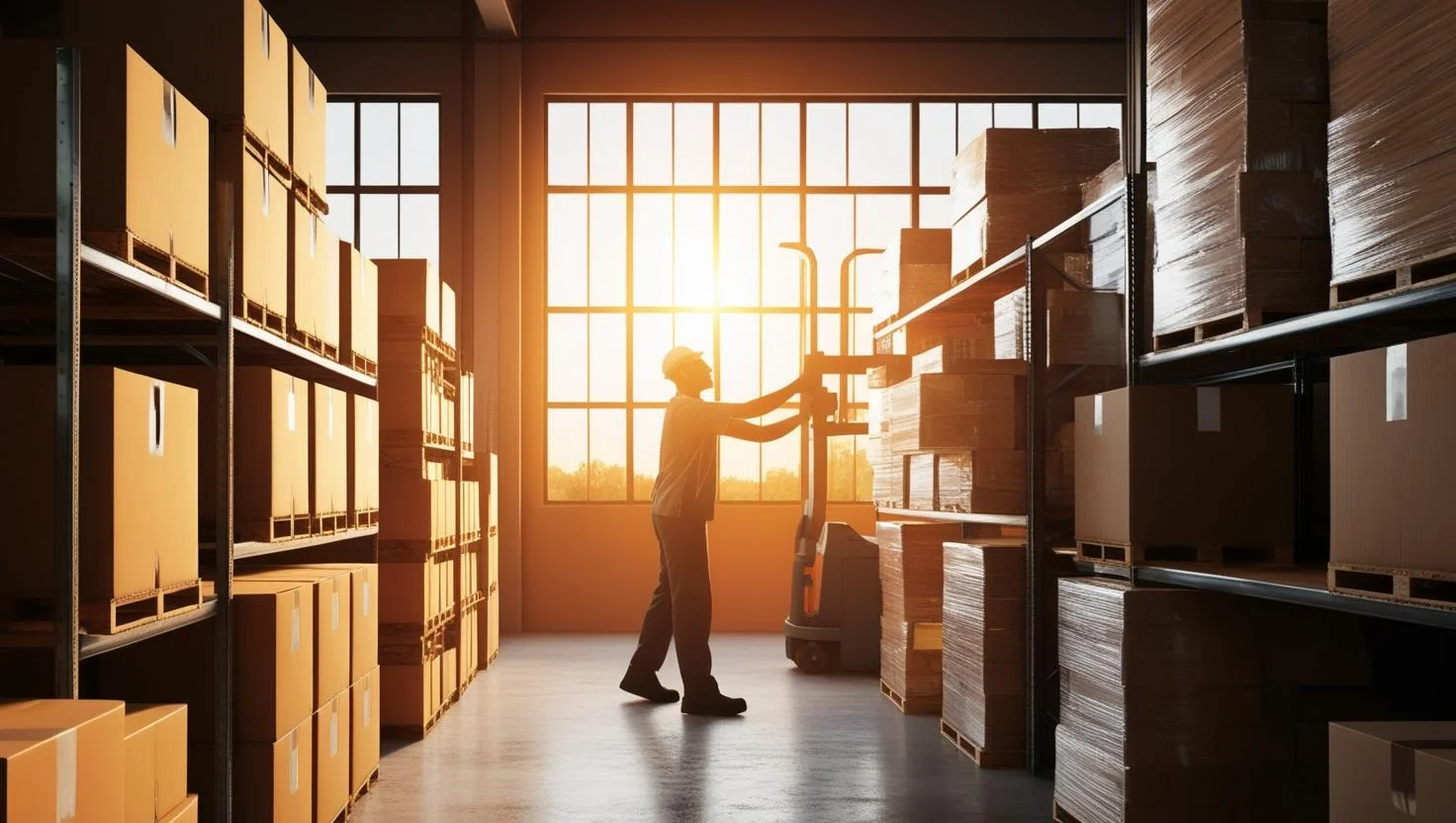 A diligent warehouse cleaner ensuring the workspace is clean and safe, which is crucial for overall productivity and morale.
