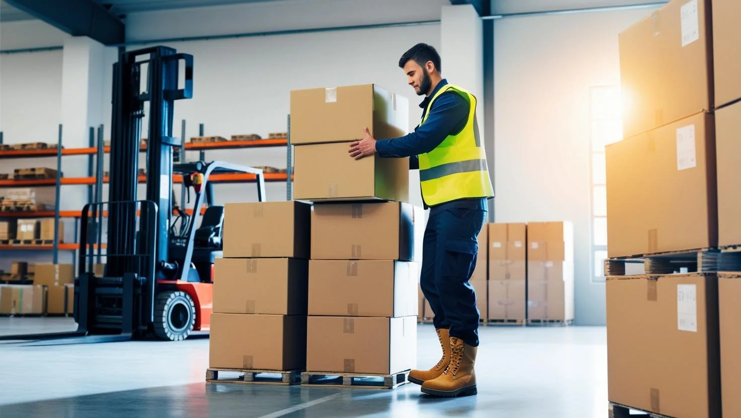 A warehouse operative using a barcode scanner to track inventory.
