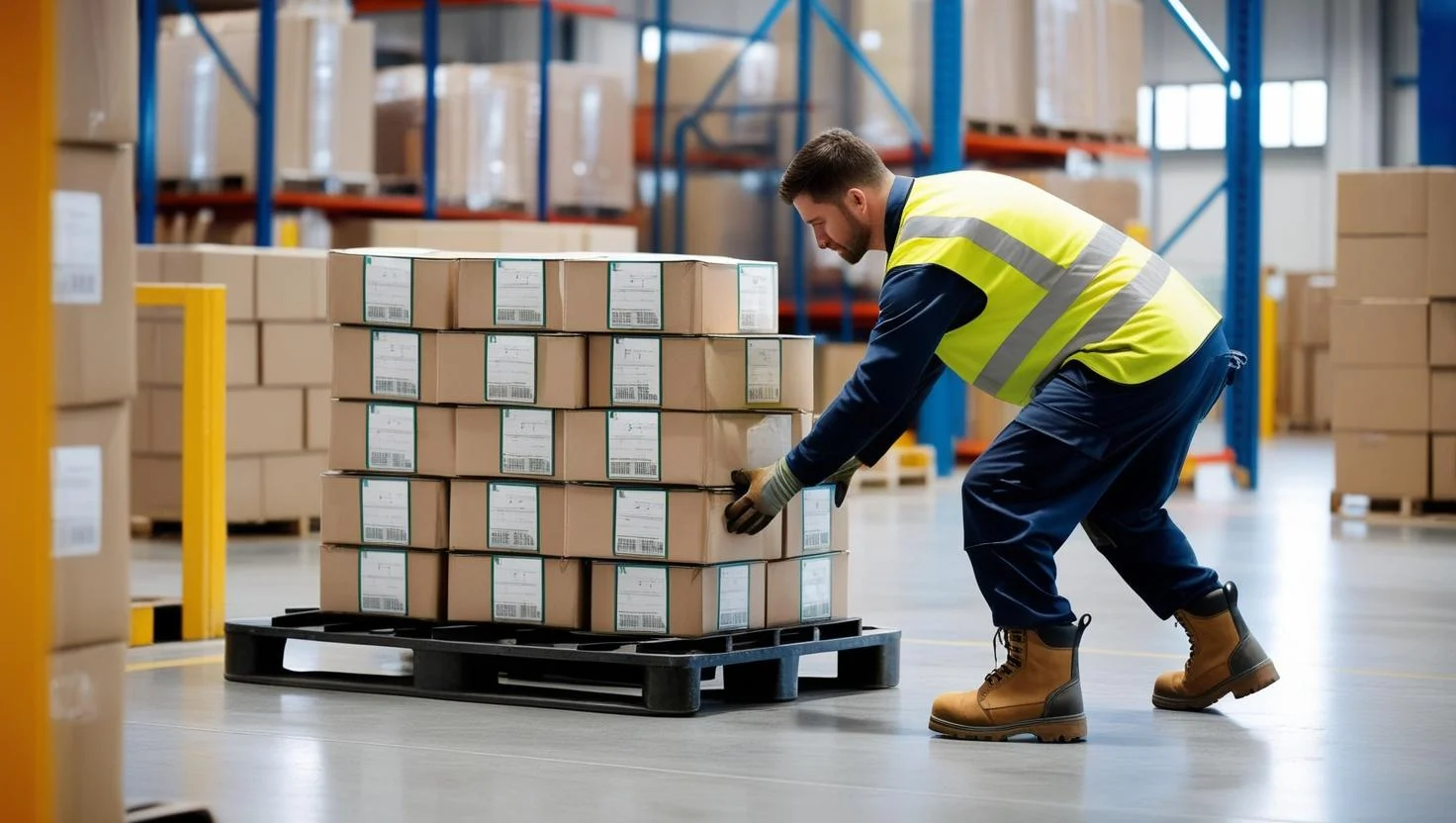 Team of warehouse operatives discussing logistics in a warehouse