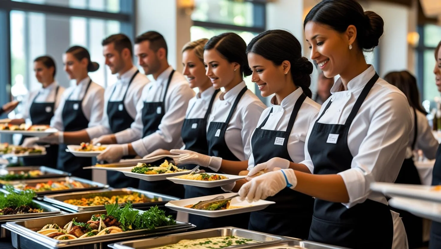 A team of uniformed waitstaff receiving a briefing before an event service.