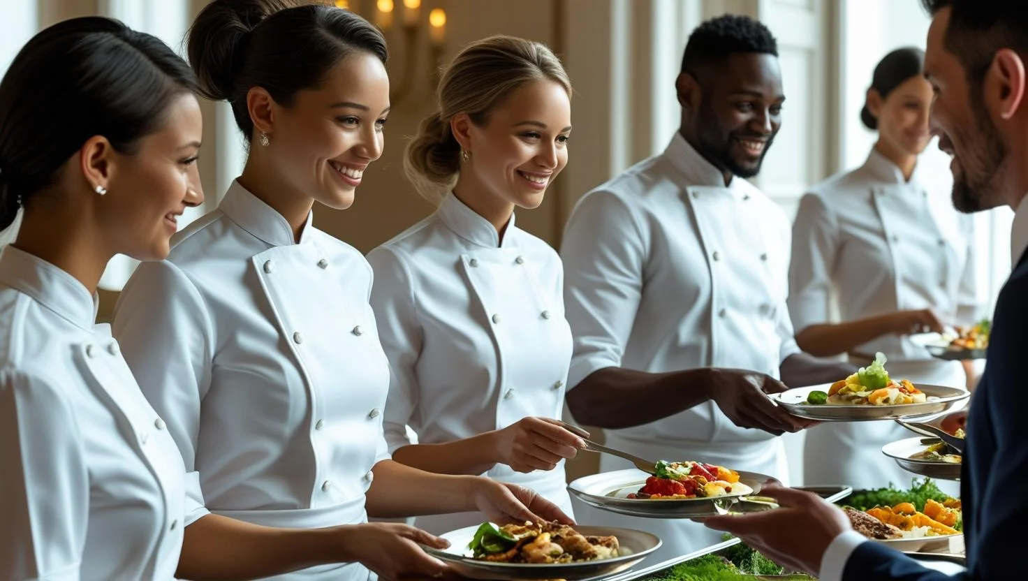 A team of professional catering staff, including chefs and servers, standing together and smiling.