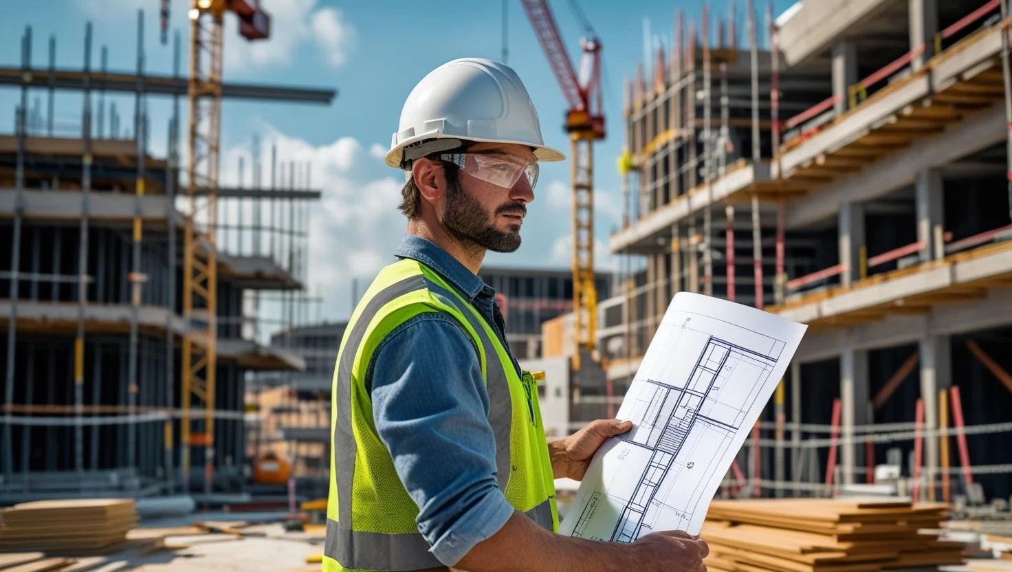 A smiling construction site manager reviewing blueprints on a tablet, representing modern, efficient project management facilitated by reliable staffing.