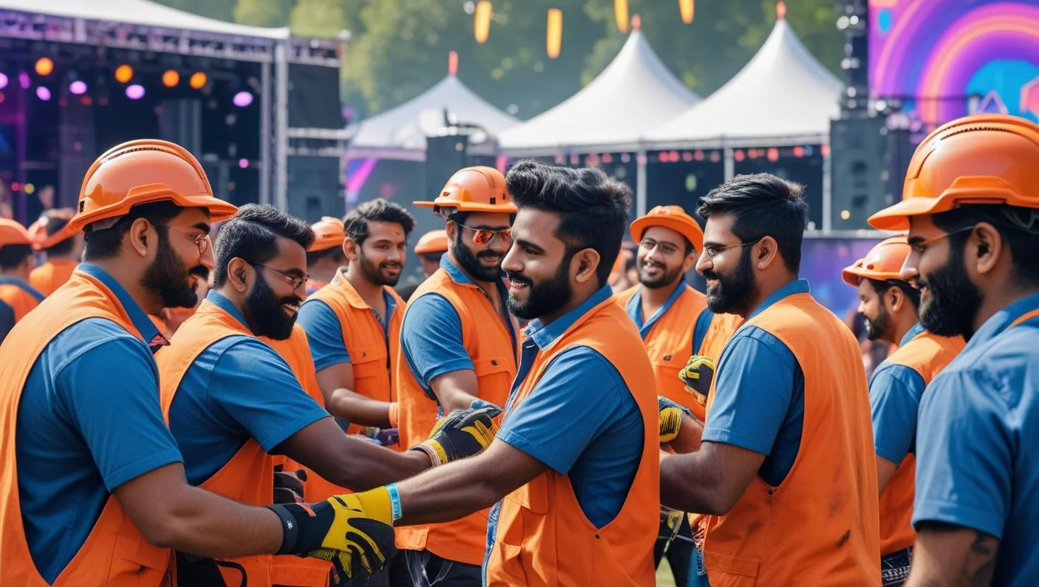A team of event staff in uniform, smiling and ready to assist attendees at an outdoor festival.