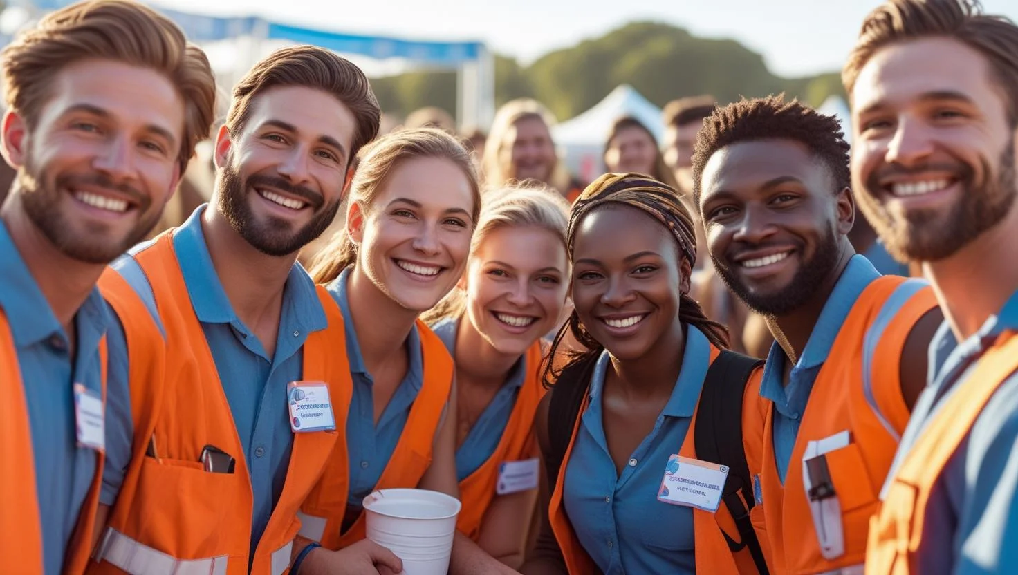 A diverse group of event staff, including security, hospitality, and technical crew, working together at an event.