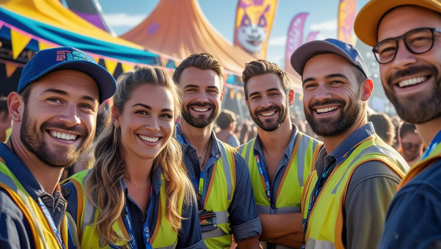 An event coordinator with a headset, directing staff and managing logistics at a busy festival.