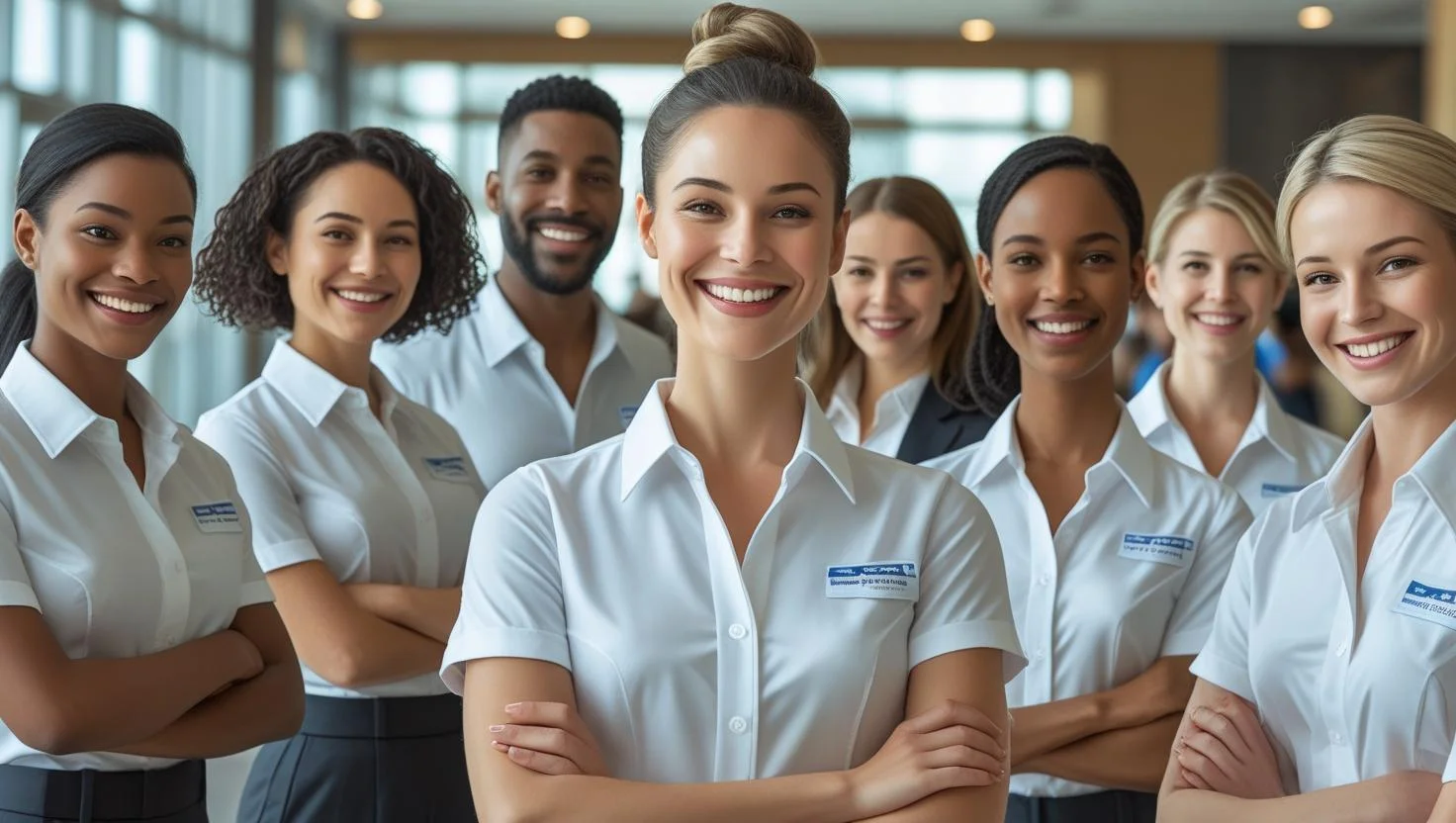 A diverse group of cheerful event staff from Workers Direct posing together.