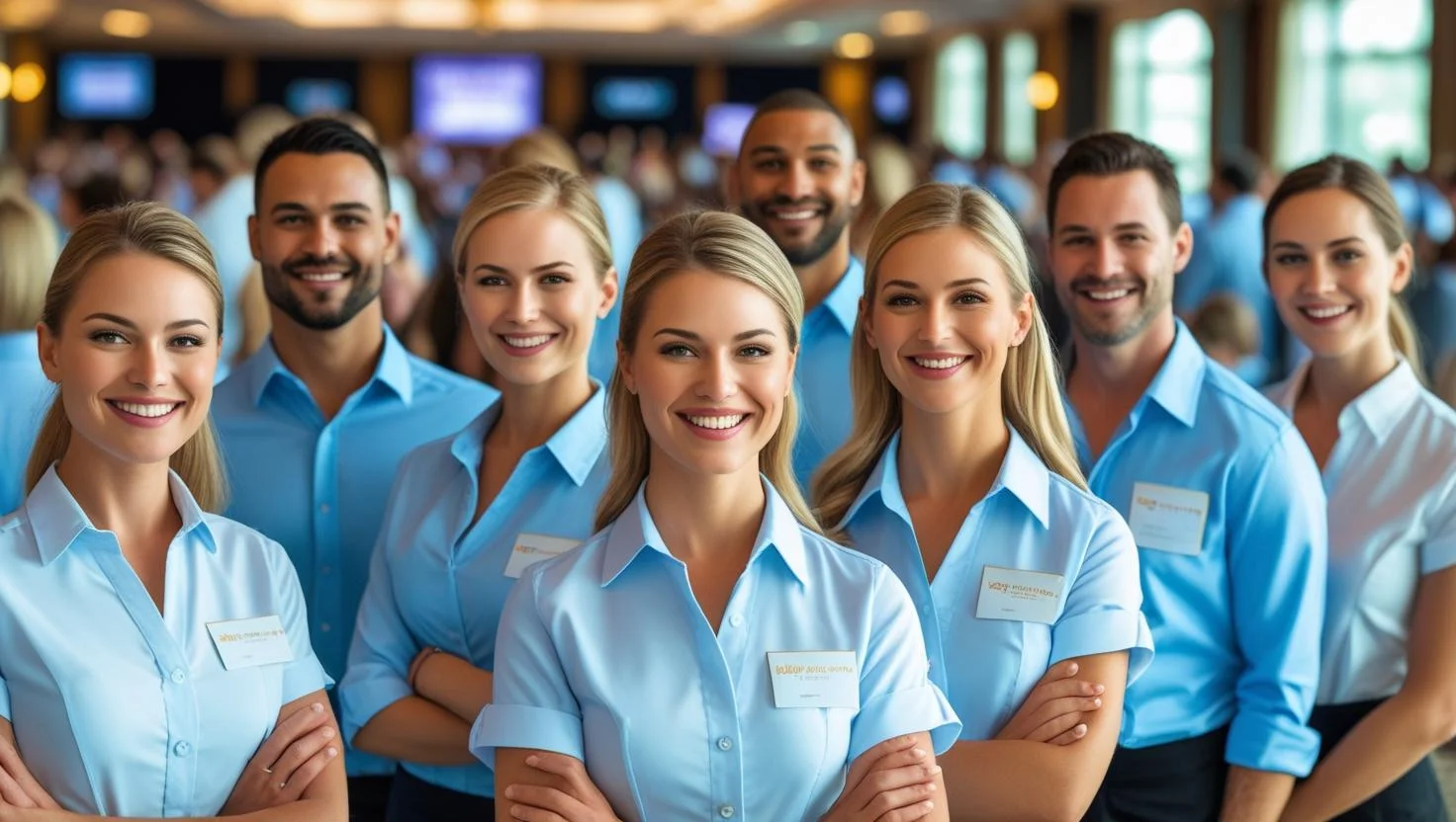 A team of Workers Direct event staff collaborating at a corporate event in the UK.