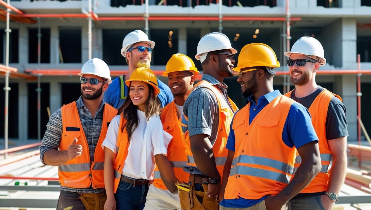 A diverse group of construction workers, including a site manager, collaborating on a project.