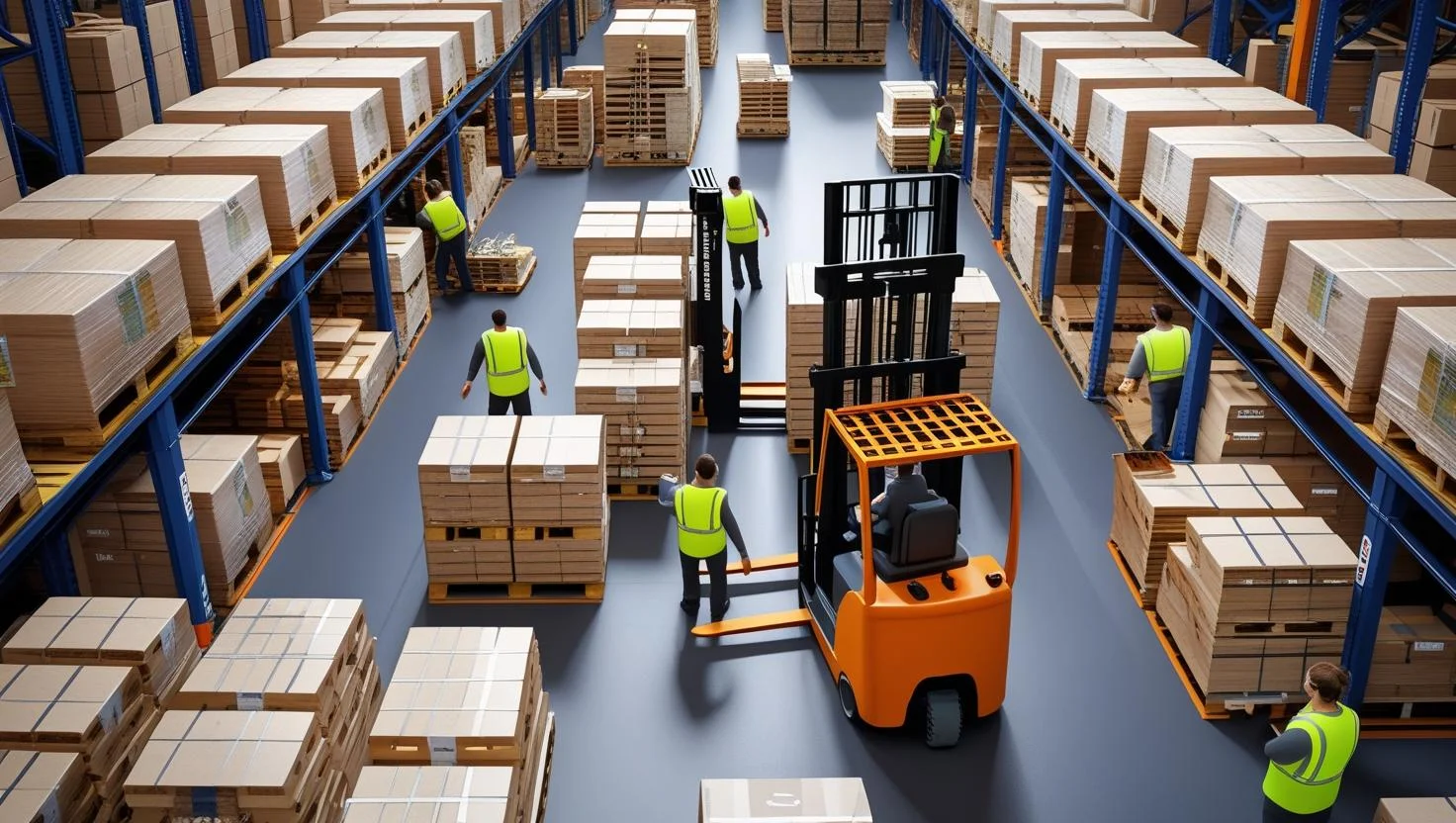A male warehouse operative using a handheld scanner to track inventory in a modern, organised warehouse.