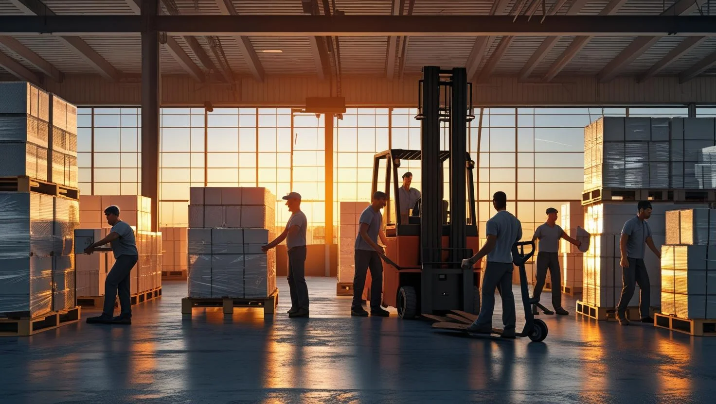 A group of diverse warehouse workers standing together, representing a successful and cohesive temporary team.