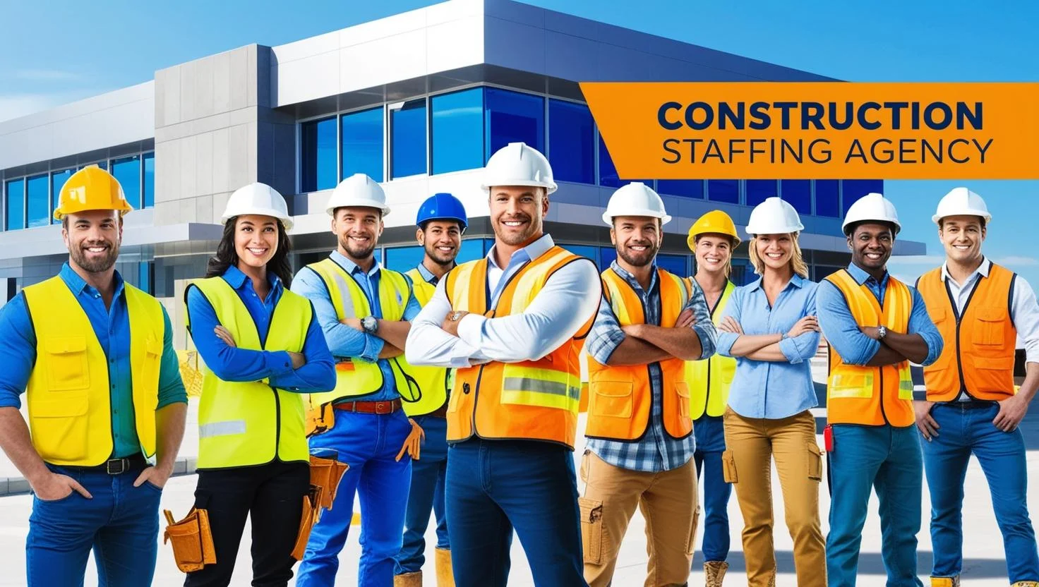 Construction workers in safety gear and hard hats