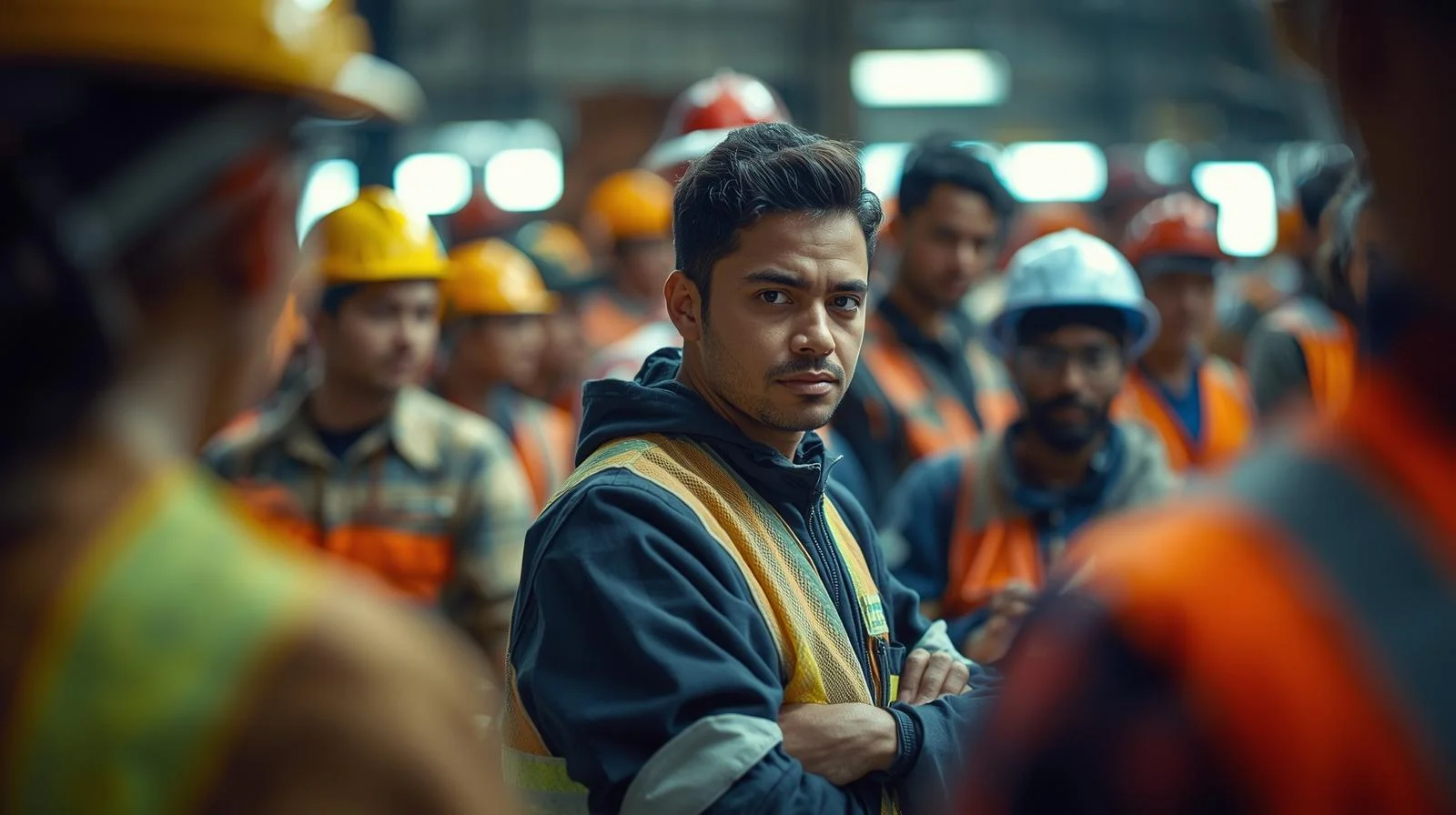 Temporary workers in a warehouse discussing logistics