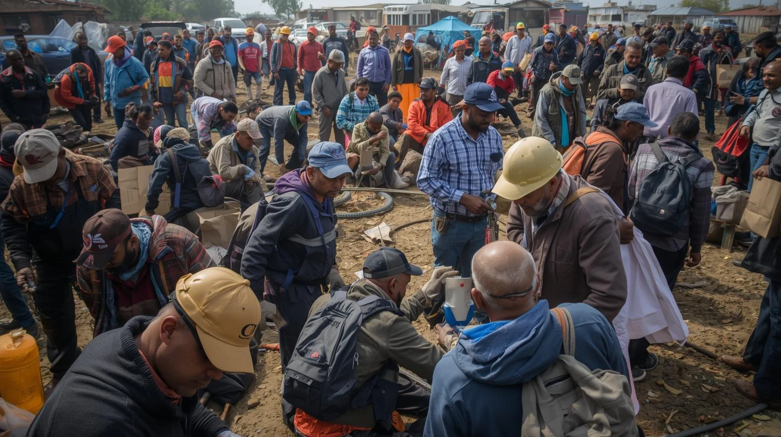 Temporary workers in hard hats and vests on a construction site
