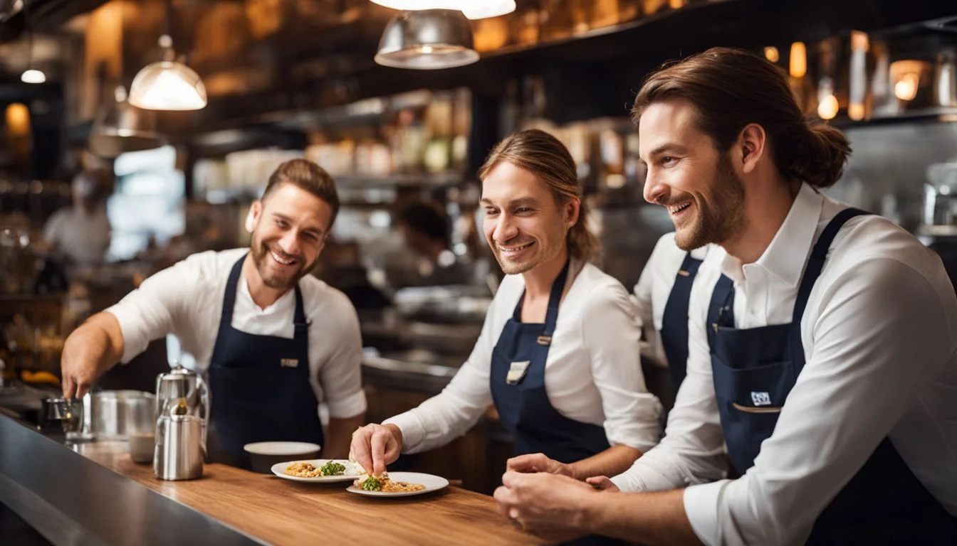 A group of smiling front of house staff working in a busy restaurant. A group of smiling front of house staff working in a busy restaurant.