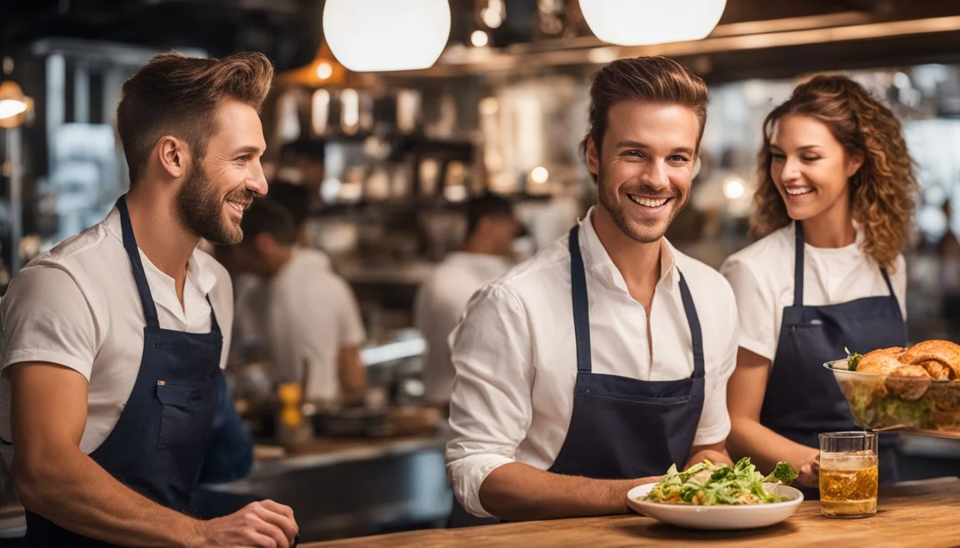 A group of restaurant staff working together in a busy front of house. A group of restaurant front of house staff working together in a busy front of house.