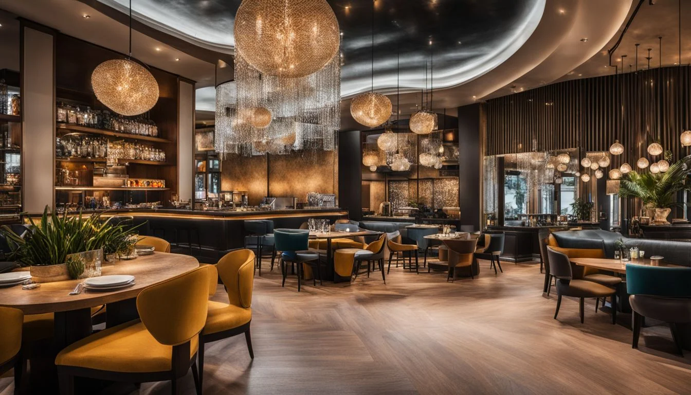 A stylish restaurant lobby with diverse patrons and modern decor. A stylish restaurant lobby with diverse patrons and modern decor.