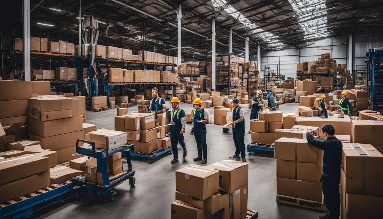 A team of workers in a busy warehouse surrounded by stacks of packages. A team of workers in a busy warehouse surrounded by stacks of packages.