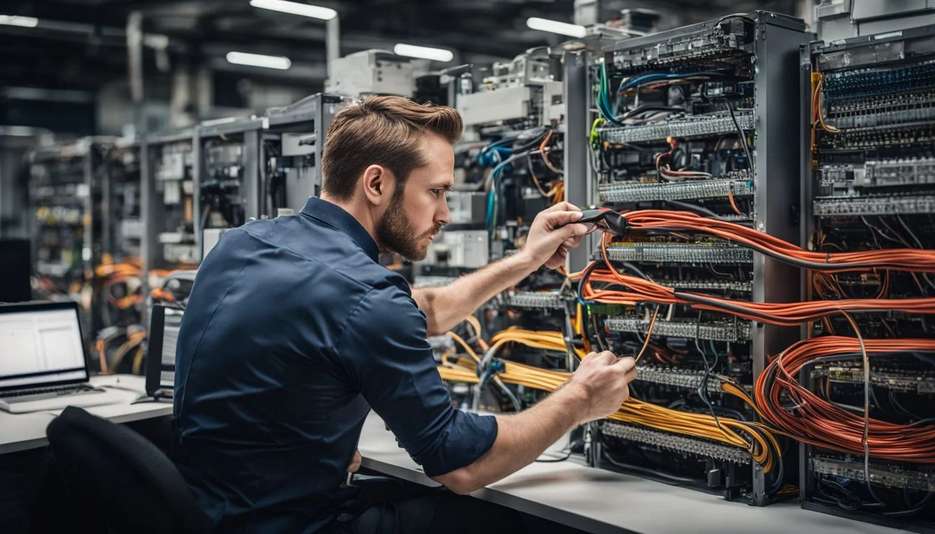 A maintenance technician inspecting and fixing electrical issues in a busy London office.