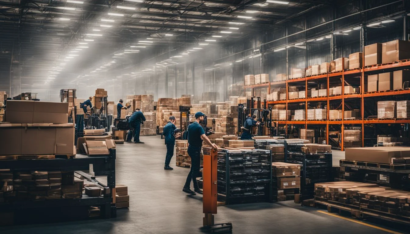 A bustling warehouse with efficient staff working in different roles. A bustling warehouse with efficient staff working in different roles.
