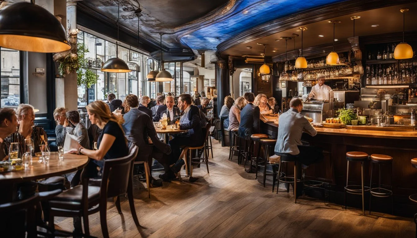 A vibrant London restaurant filled with happy diners and busy staff. A vibrant London restaurant filled with happy diners and busy staff.