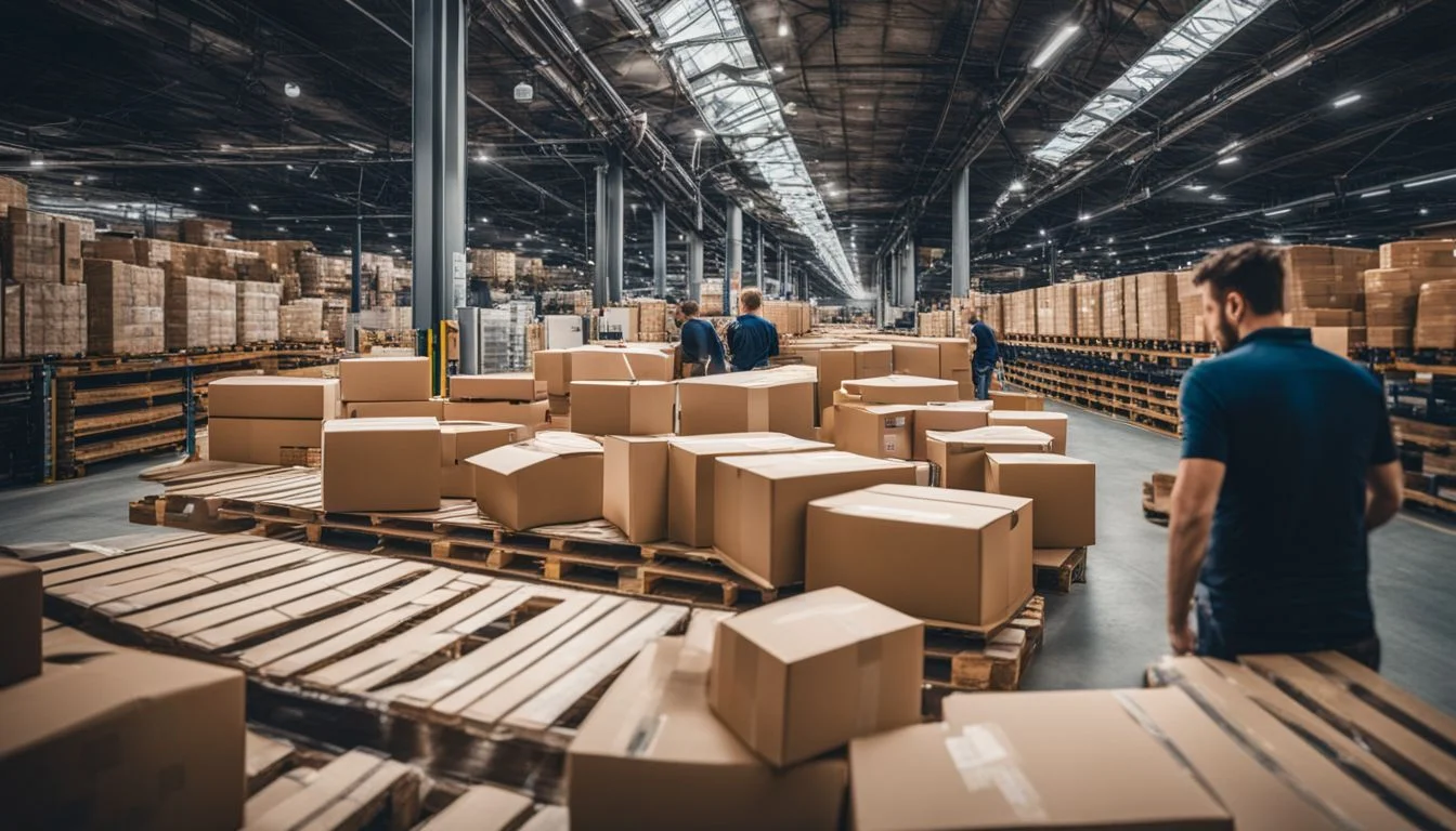 A busy warehouse with conveyor belt and neatly organized boxes. A busy warehouse with conveyor belt and neatly organized boxes.