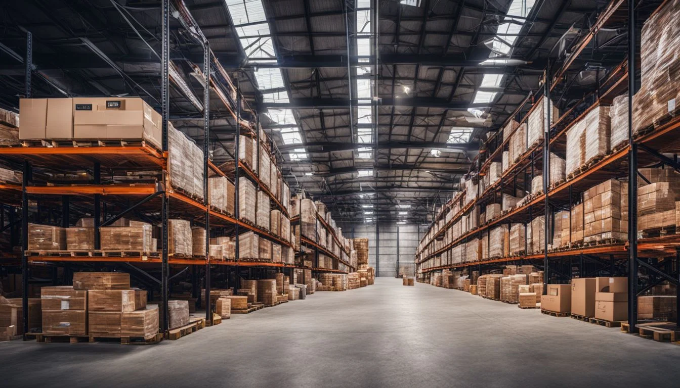 A bustling warehouse filled with neatly stacked goods and boxes. A bustling warehouse filled with neatly stacked goods and boxes.