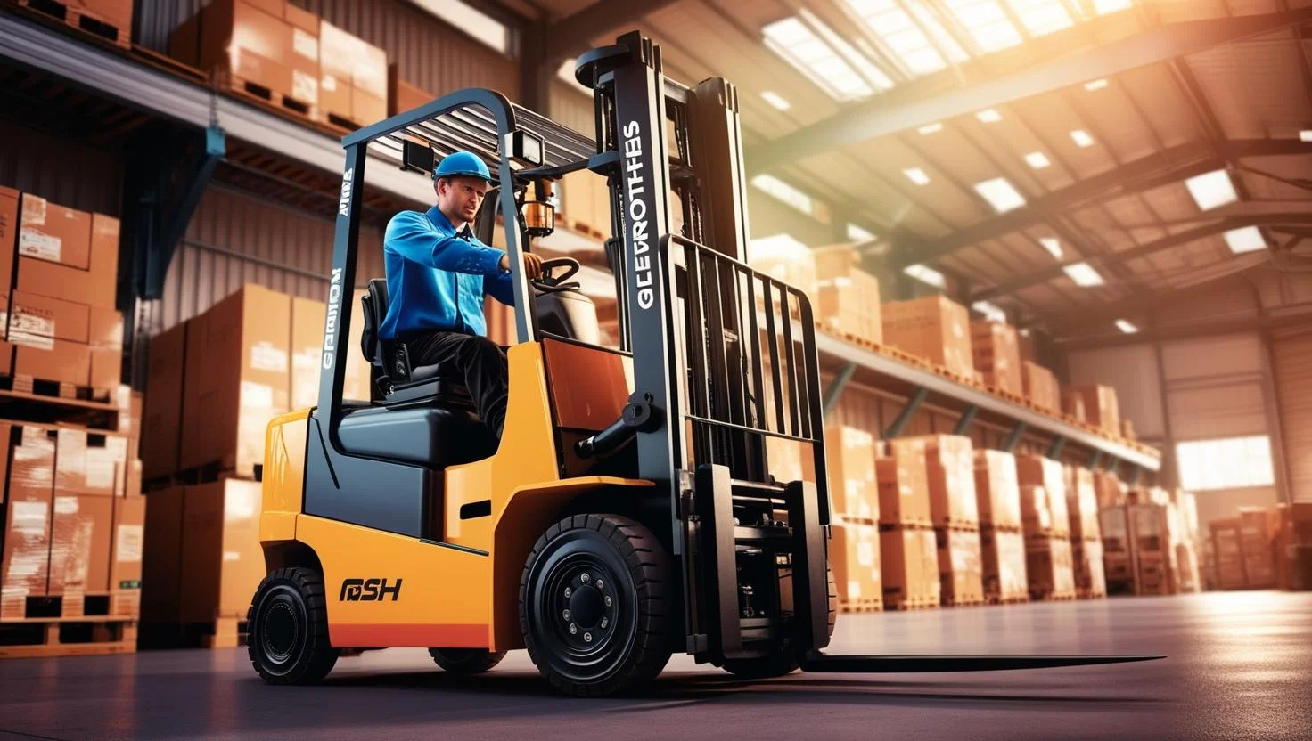 A forklift operator moving pallets in a large warehouse