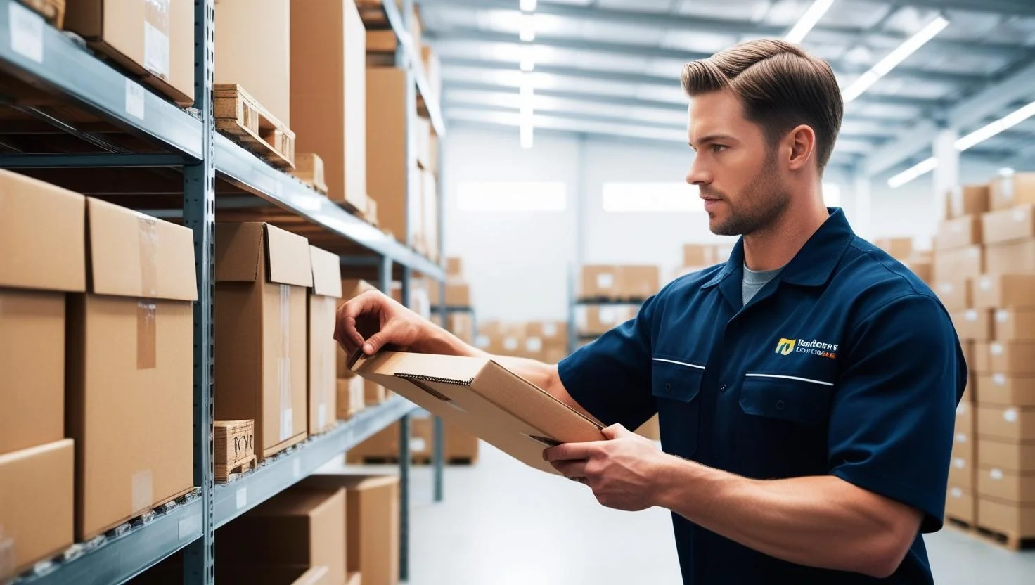 A warehouse operative using a scanner to pick items from a shelf