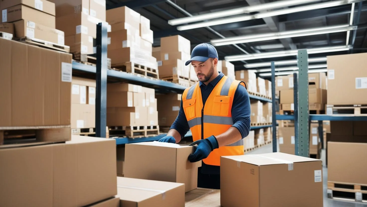 A warehouse operative packing a box for dispatch