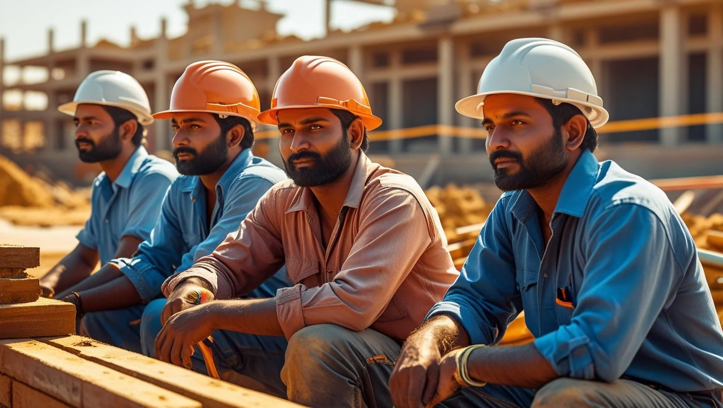 A team of construction workers reviewing blueprints on a Glasgow construction site.