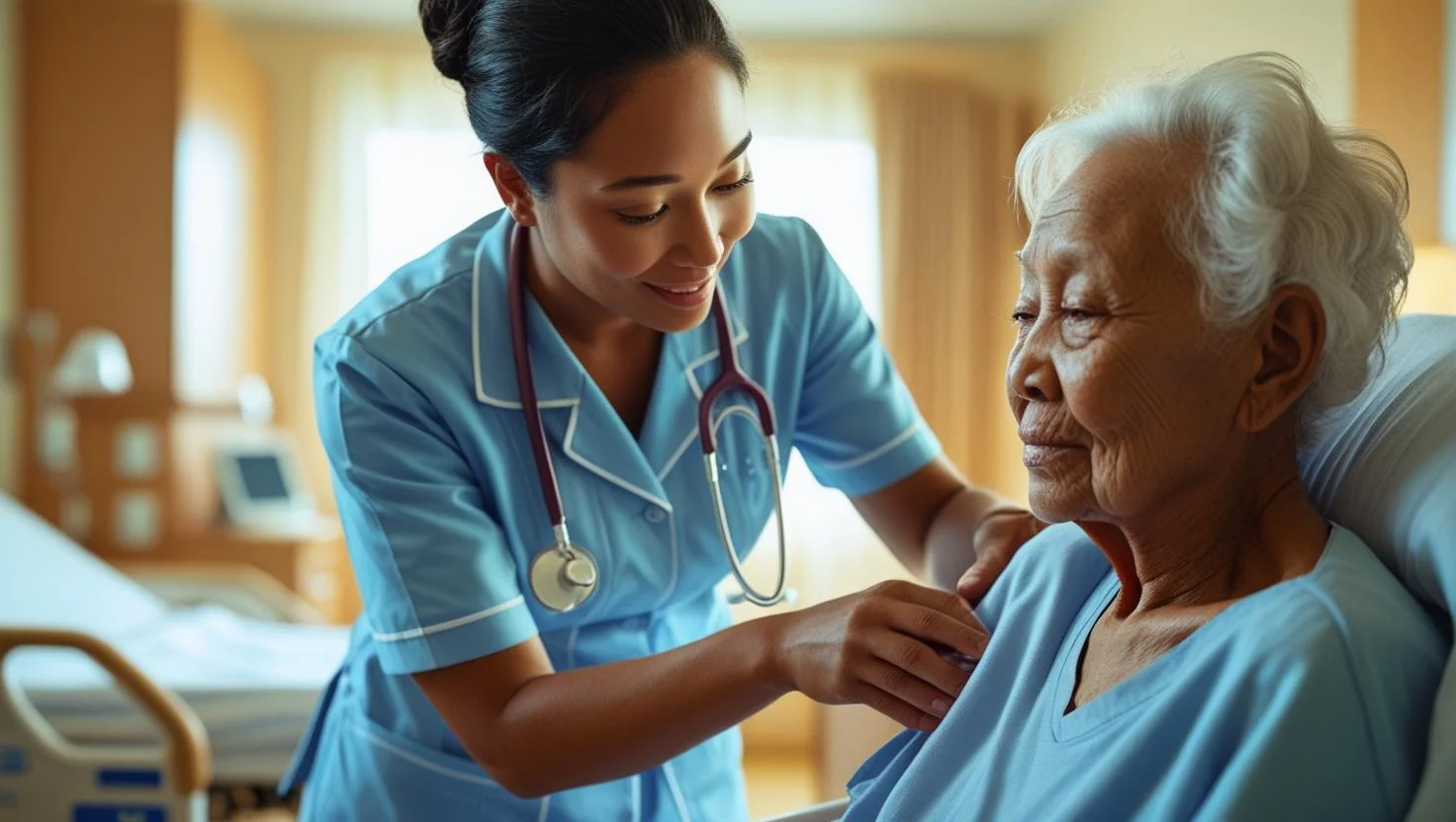 Two diverse care assistants collaborating and smiling in a modern care facility common area.