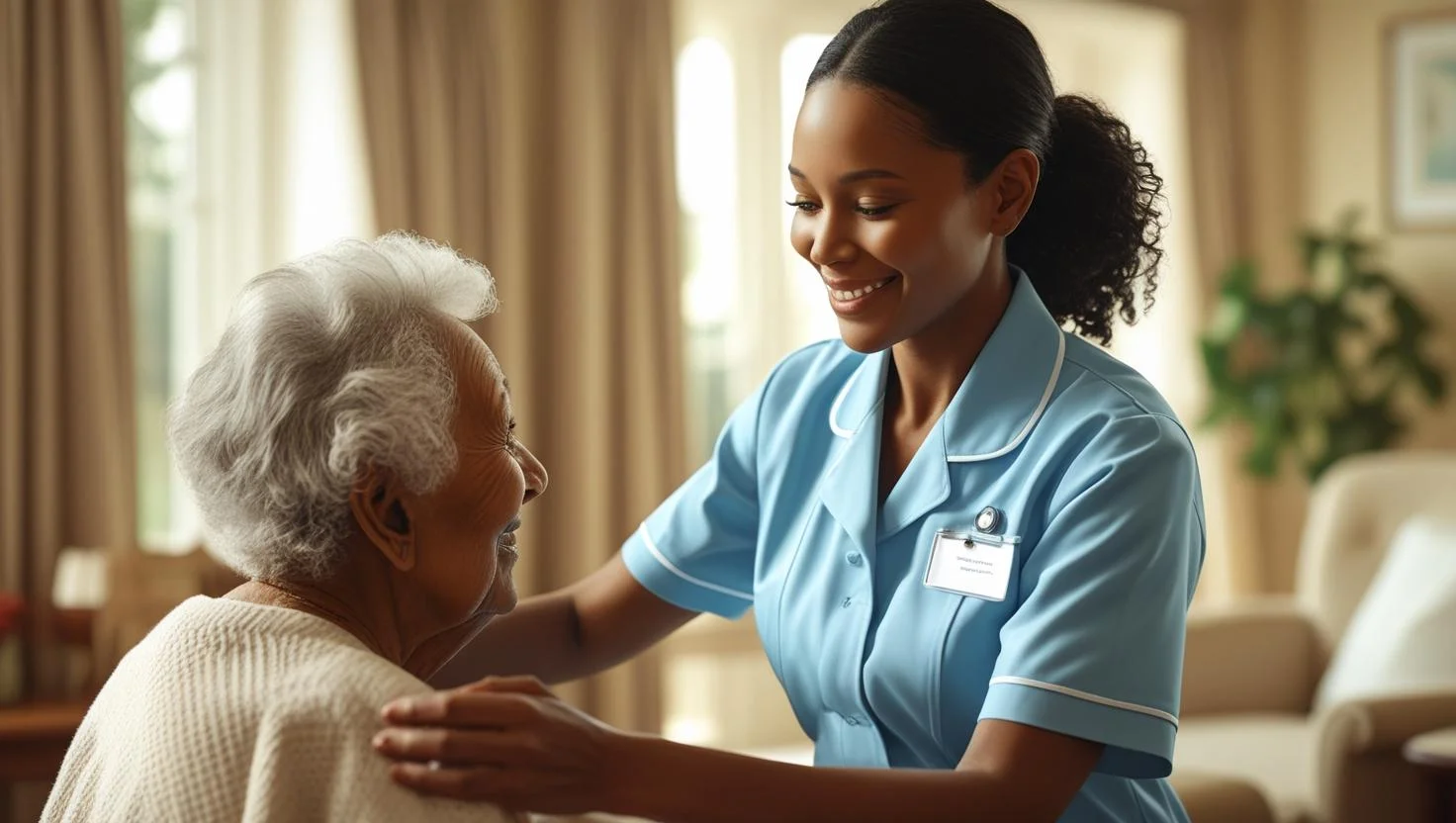 A professional and friendly care assistant reviewing a patient's chart on a tablet in a hospital hallway.