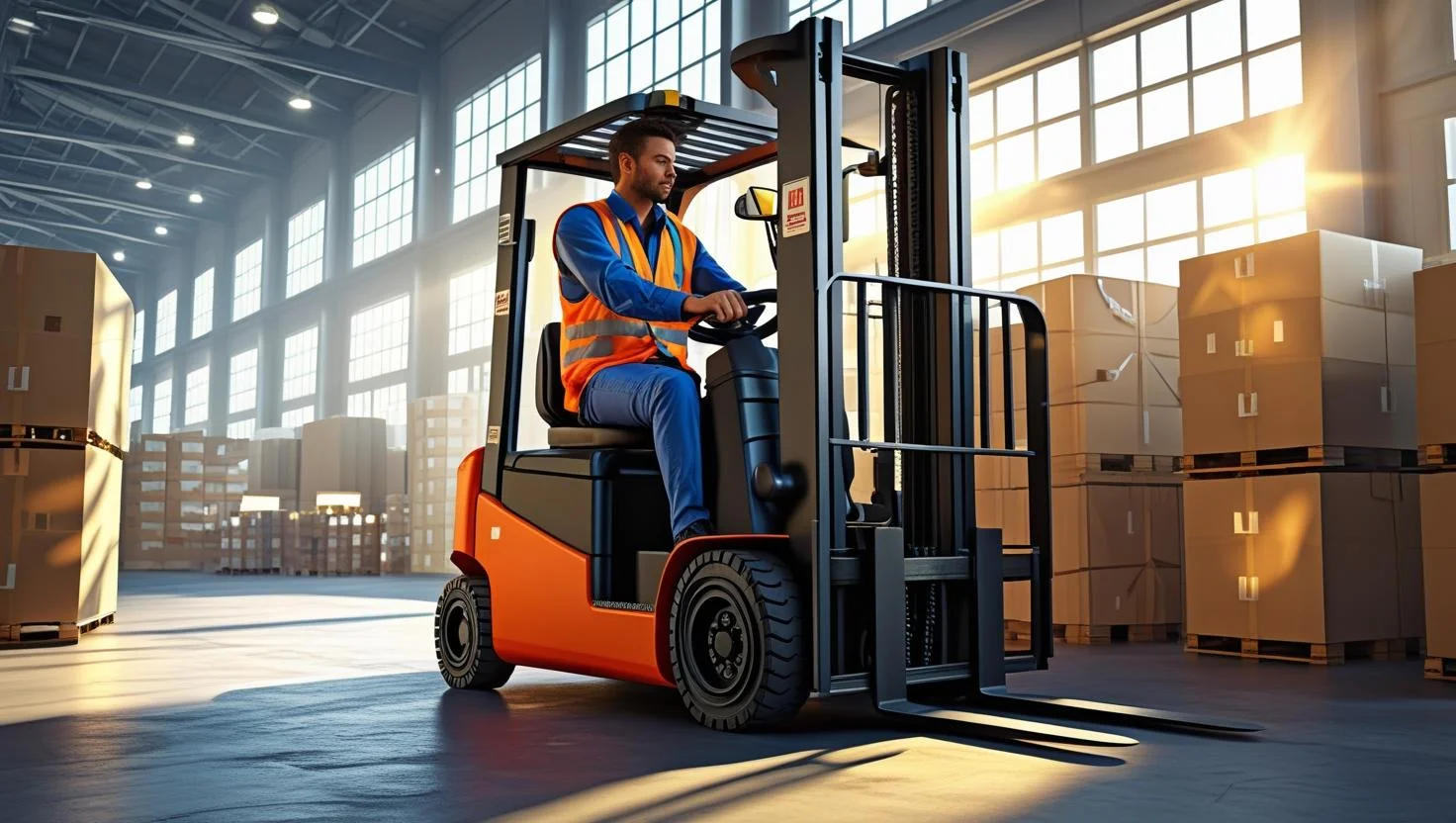 Dynamic Warehouse Operations A busy warehouse floor with forklifts and personnel operating efficiently, illustrating a productive and well-managed logistics environment.