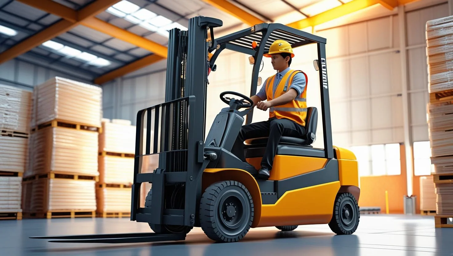 Collaborative Warehouse Environment A team of warehouse operatives and a forklift driver collaboratively working in a bright, modern logistics facility, highlighting teamwork.