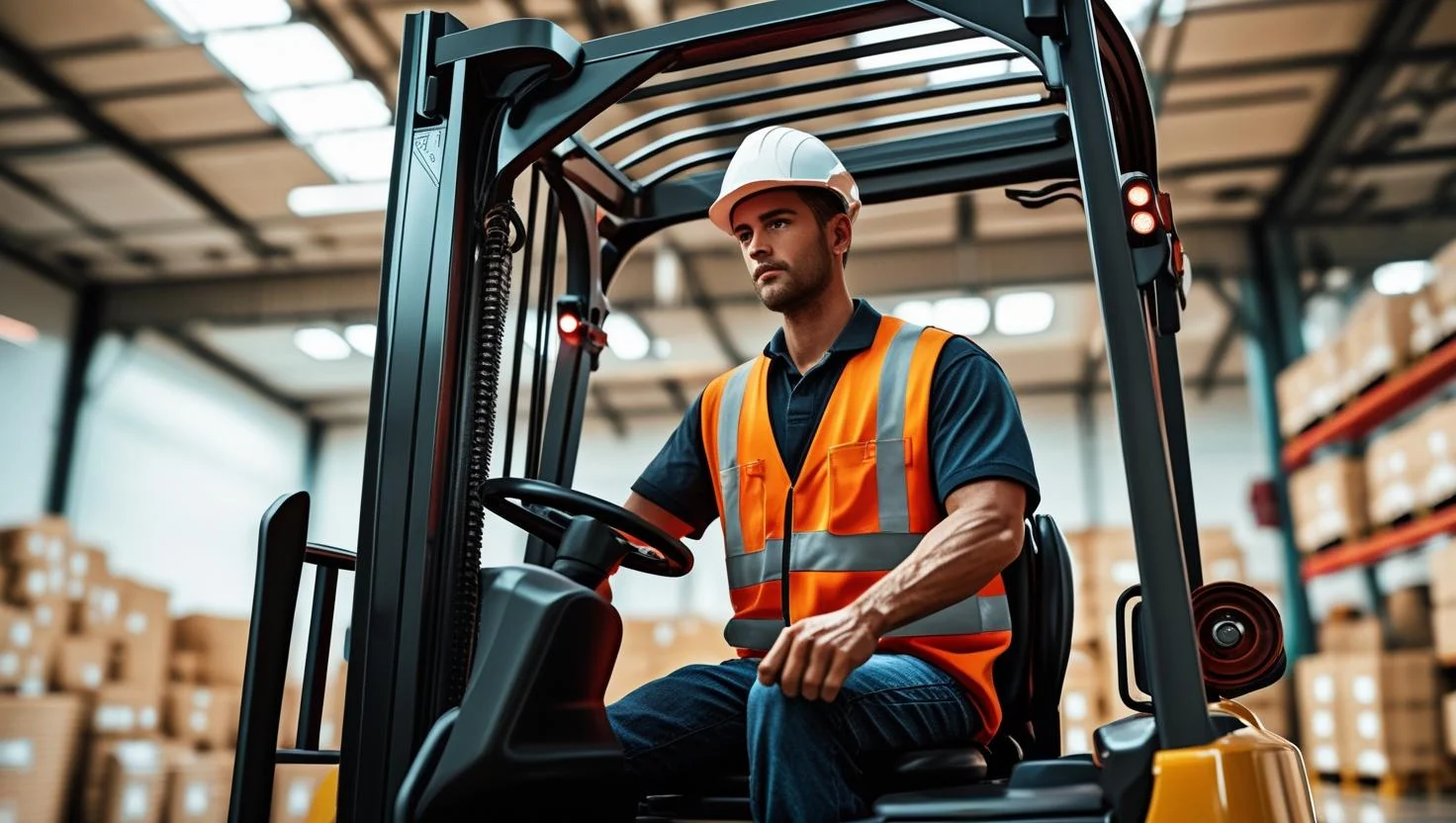A forklift driver carefully stacking pallets in a high-ceiling warehouse.