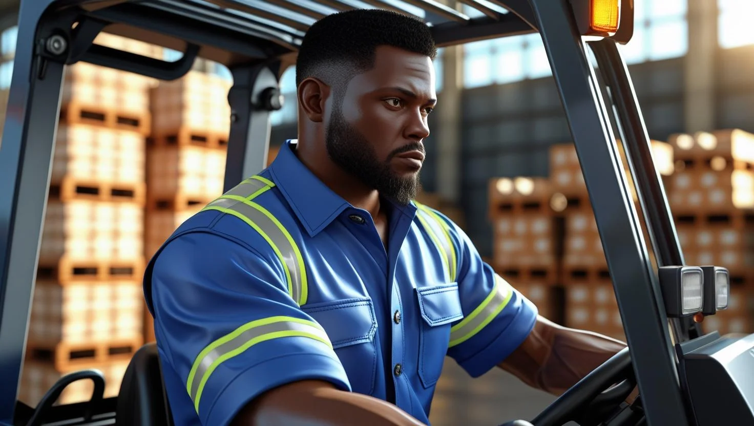 A team of warehouse staff including a forklift driver having a morning briefing.