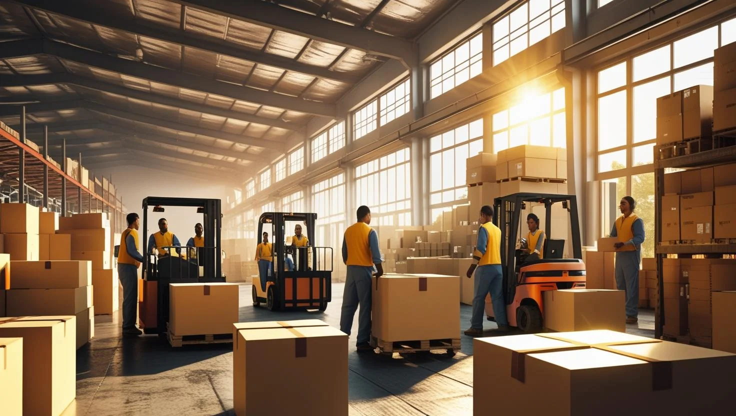 A female warehouse manager with a tablet computer coordinating with a worker in front of tall shelving units.
