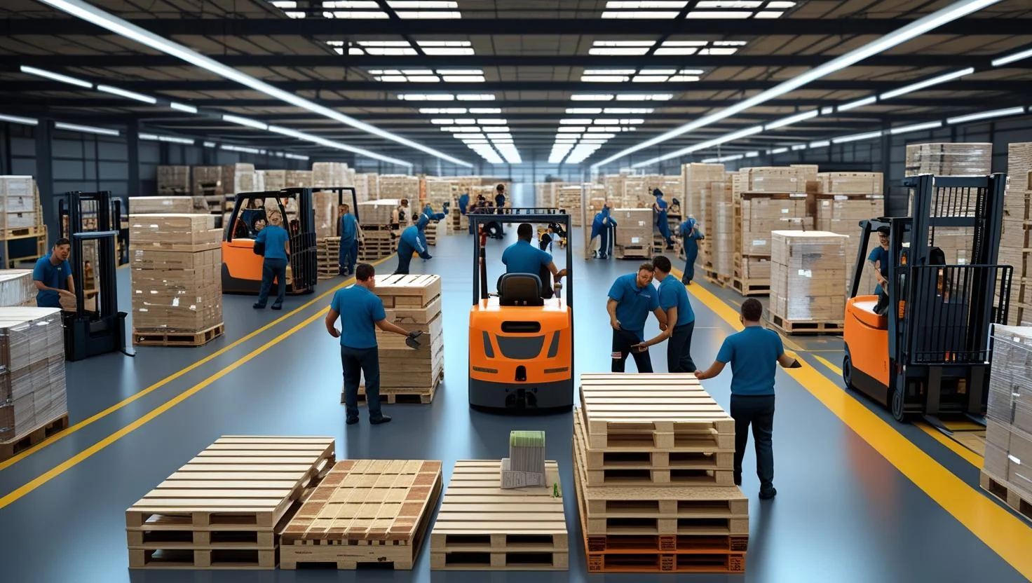 A team of pickers and packers working efficiently at their stations in a busy e-commerce fulfillment centre.