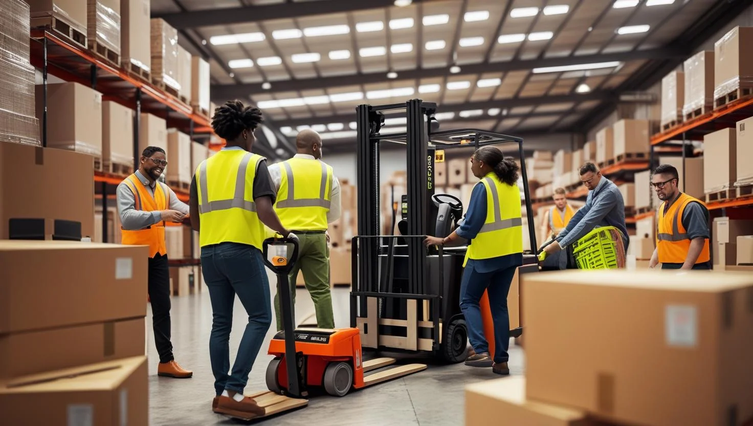 A certified forklift driver carefully maneuvering pallets in a large, modern warehouse.