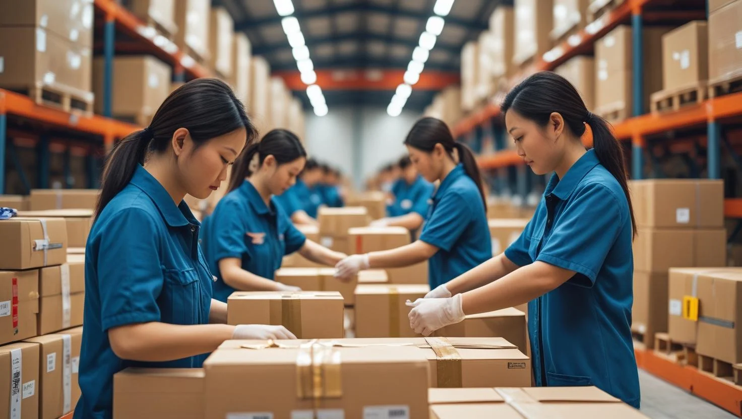 Two warehouse employees discussing inventory on a tablet in front of high racking.