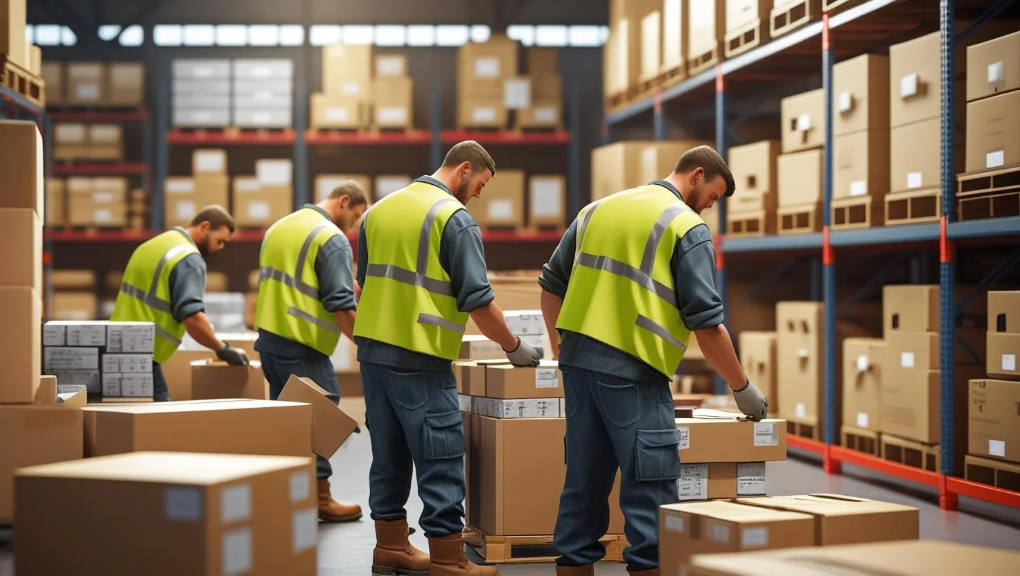 A male warehouse worker using a handheld scanner in a brightly lit aisle.