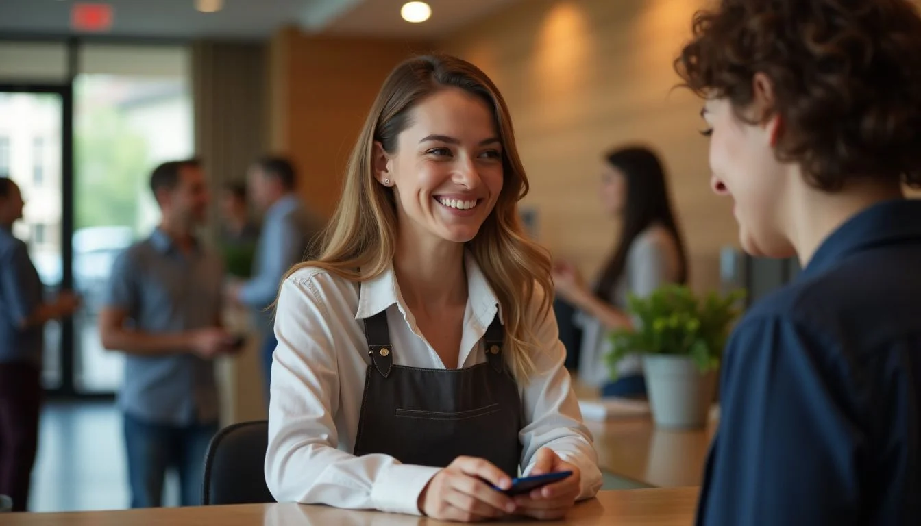 A woman in her late 20s is working at a hotel reception desk. A woman in her late 20s is working at a hotel reception desk.